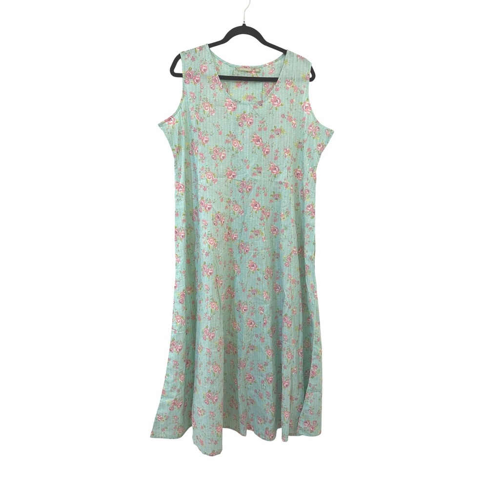 Avaasa Mint Green Floral Cotton Sleeveless Midi Dress XXL Rose Print Cottagecore